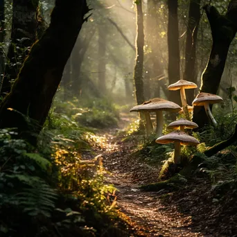 Forest pathway with wild mushrooms and sunlight - Image 1