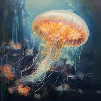 Primitivist style painting of a glowing jellyfish in the deep ocean - Image 1