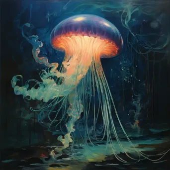 Primitivist style painting of a glowing jellyfish in the deep ocean - Image 2