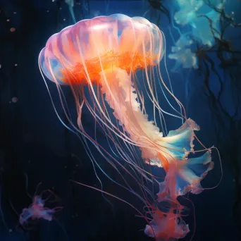 Primitivist style painting of a glowing jellyfish in the deep ocean - Image 3