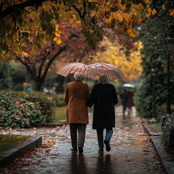 Elderly couple walking under a striped umbrella in autumn rain - Image 1