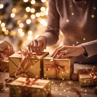 Hands wrapping gifts in festive Christmas paper - Image 1