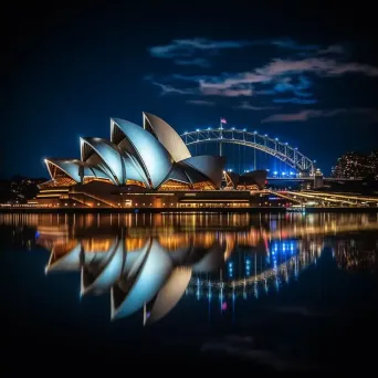 Sydney Opera House illuminated at night with reflection in Sydney Harbour - Image 4