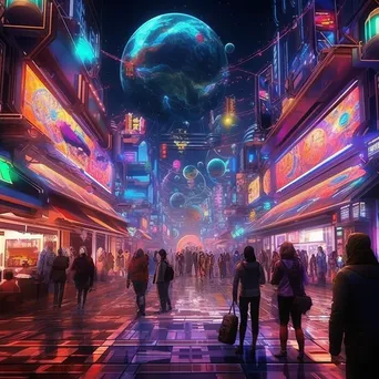 Futuristic marketplace with robotic vendors and colorful lights - Image 1