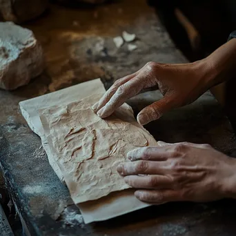 Hands pressing down on handmade paper in a rustic workshop. - Image 3