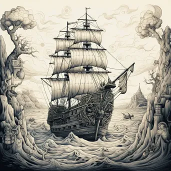 Intricate line art of a pirate ship with treasure maps and parrots - Image 2