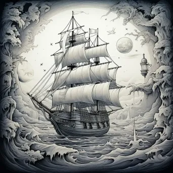 Intricate line art of a pirate ship with treasure maps and parrots - Image 4