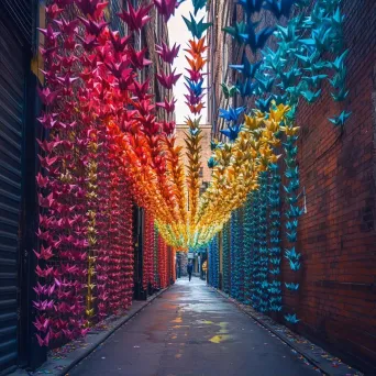 An alley fills up with vibrantly colored, hanging origami cranes - Image 2