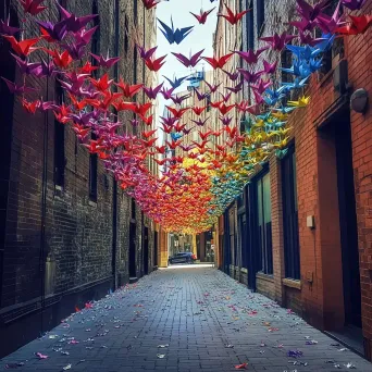 An alley fills up with vibrantly colored, hanging origami cranes - Image 4