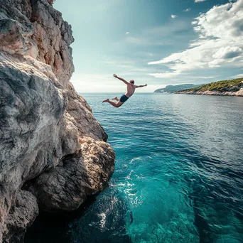 Athlete cliff diving into blue water - Image 1