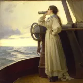 Woman looking at uncharted ocean from ship deck with telescope - Image 3