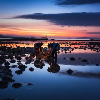 Workers maintaining oyster beds in the calm waters at dusk - Image 1