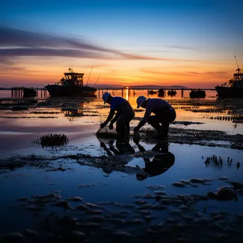 Workers maintaining oyster beds in the calm waters at dusk - Image 2