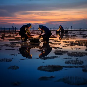 Workers maintaining oyster beds in the calm waters at dusk - Image 4