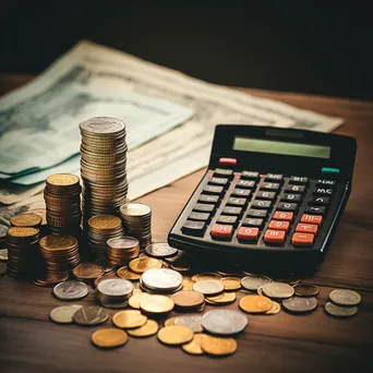 Calculator with coins and financial reports on wooden table - Image 1