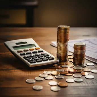 Calculator with coins and financial reports on wooden table - Image 4