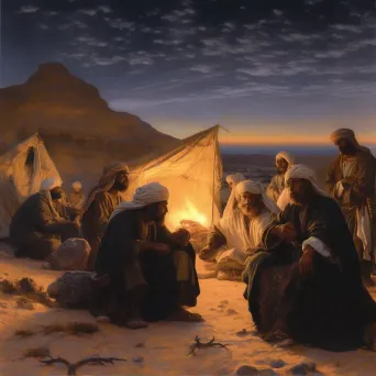 Illustration of a traditional Bedouin desert camp in the evening with a group of people gathered around a fire - Image 1