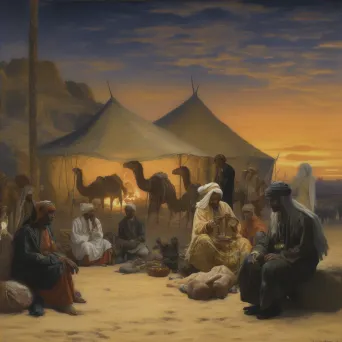 Illustration of a traditional Bedouin desert camp in the evening with a group of people gathered around a fire - Image 4