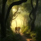 Majestic Bengal tiger walking in the green jungles of India during the golden hour - Image 1