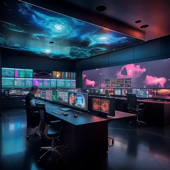 Control room with large screens displaying cloud computing data and analytics. - Image 1