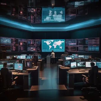 Control room with large screens displaying cloud computing data and analytics. - Image 2