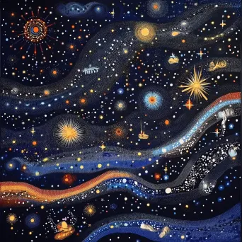 Celestial night sky in Indigenous Australian dot painting style, stars form Aboriginal Dreamtime stories - Image 1