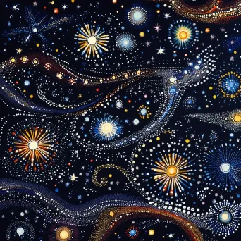 Celestial night sky in Indigenous Australian dot painting style, stars form Aboriginal Dreamtime stories - Image 2