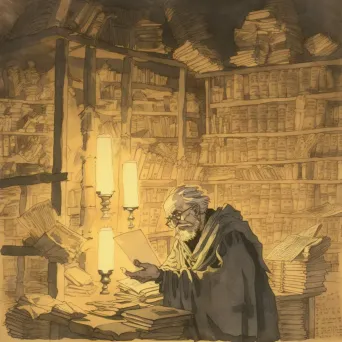 Ancient scholar studying by candlelight in a dusty library full of scrolls and tomes - Image 2