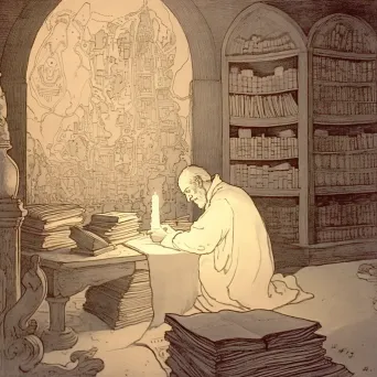 Ancient scholar studying by candlelight in a dusty library full of scrolls and tomes - Image 4