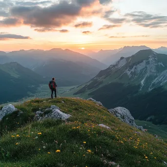 A hiker standing on a ridge overlooking an alpine meadow at sunset. - Image 1