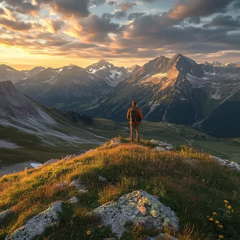 A hiker standing on a ridge overlooking an alpine meadow at sunset. - Image 2