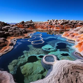 Aerial view of colorful geothermal pools with mineral deposits under a blue sky. - Image 2