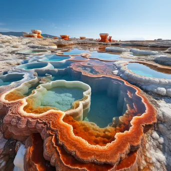 Aerial view of colorful geothermal pools with mineral deposits under a blue sky. - Image 3