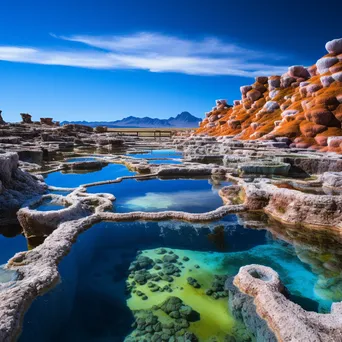 Aerial view of colorful geothermal pools with mineral deposits under a blue sky. - Image 4