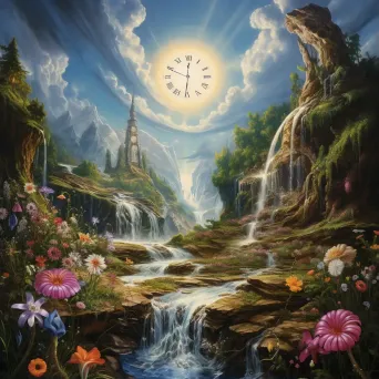 World with backward-flowing time, skyward waterfalls, and budding flowers - Image 1