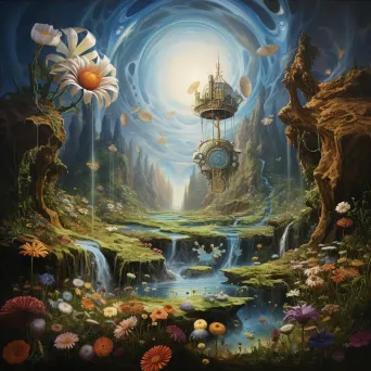 World with backward-flowing time, skyward waterfalls, and budding flowers - Image 4