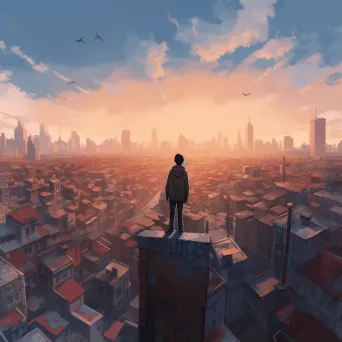 Solitary figure standing on a city rooftop, gazing at a distant horizon - Image 1