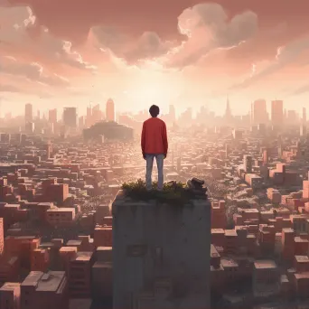 Solitary figure standing on a city rooftop, gazing at a distant horizon - Image 2