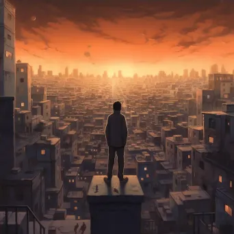 Solitary figure standing on a city rooftop, gazing at a distant horizon - Image 4