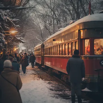 Vintage passenger train at a bustling winter festival - Image 1