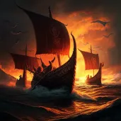 Viking longships sailing into fiery sunset - Image 2