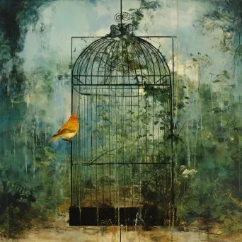 Golden bird cage surrounded by green foliage under blue sky - Image 1