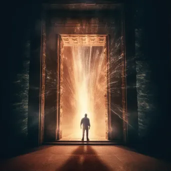 Figure in front of glowing ancient door - Image 1