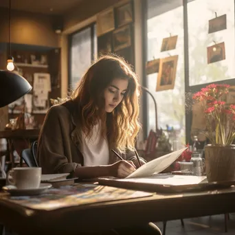 A young artist sketching in a café filled with creative decor. - Image 1