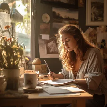 A young artist sketching in a café filled with creative decor. - Image 2