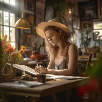 A young artist sketching in a café filled with creative decor. - Image 3