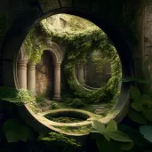 Secret Garden - Hidden behind mossy stone wall, ivy-covered archways, central sundial - Image 1