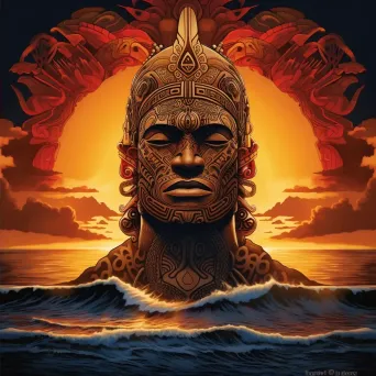 A Polynesian chief adorned with intricately symbolic tattoos set against a Pacific sunset - Image 2