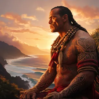 A Polynesian chief adorned with intricately symbolic tattoos set against a Pacific sunset - Image 3