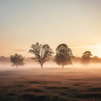 Trees in a foggy meadow at sunrise - Image 2